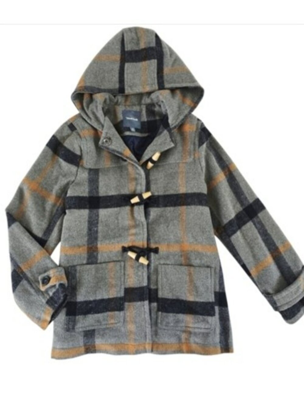 Modcloth Women's Gray Orange Plaid Pea Coat Size Medium Toggles Hooded Retro Y2K